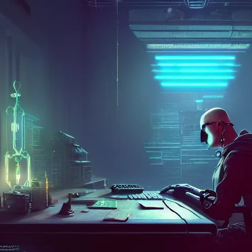 Image similar to sci fi cyberpunk fantasy art prompt magician studying casting spells with keyboard, by greg rutkowski ultrahd dark volumetric lighting hyper detailed unreal engine octane render