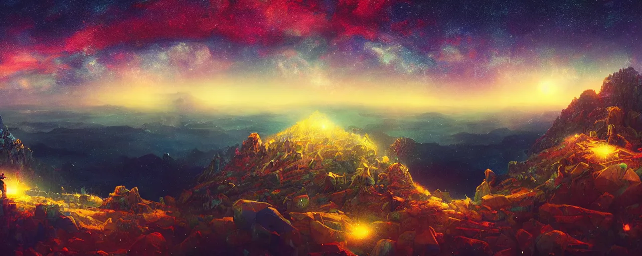 Image similar to top of the holy mountain at night with sky full of stars, [ cinematic, detailed, epic, widescreen, opening, establishing, mattepainting, photorealistic, 4 k, octane render, art by paul lehr ]
