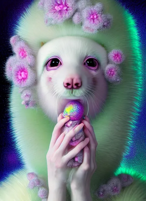 Image similar to hyper detailed 3d render like a Oil painting - kawaii portrait Aurora (white haired Singer Ferret) seen Eating of the Strangling network of yellowcake aerochrome and milky Fruit and Her delicate Hands hold of gossamer polyp blossoms bring iridescent fungal flowers whose spores black the foolish stars by Jacek Yerka, Mariusz Lewandowski, Houdini algorithmic generative render, Abstract brush strokes, Masterpiece, Edward Hopper and James Gilleard, Zdzislaw Beksinski, Mark Ryden, Wolfgang Lettl, hints of Yayoi Kasuma, octane render, 8k