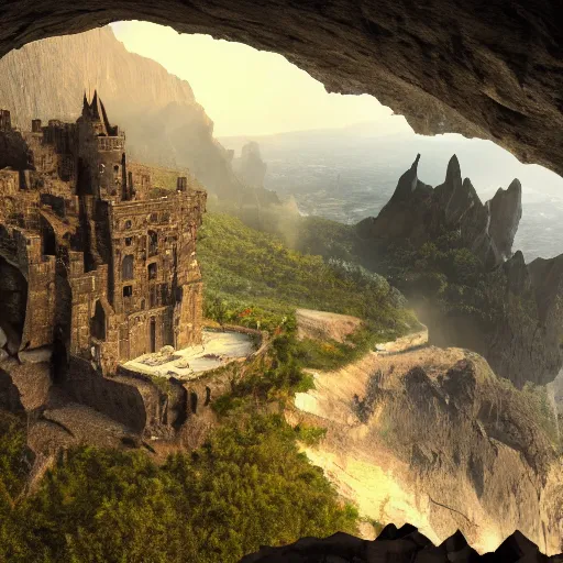 Image similar to perspective and vastness!!!!!, cave with a castle built underground!!!!, the god of small scissors!!, pitchburn devils!, security rhox, sauroform hybrid, forbidding spirit!!, guardian project, hackrobat!!!, cinematic, hyper realistic, detailed, 8k, octane render.