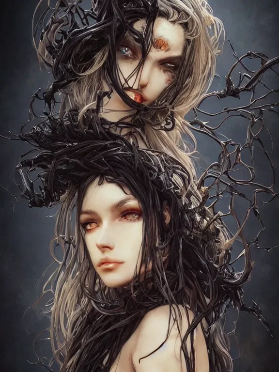 Prompt: close up picture of a witch with exoskeleton wanna play with you, cynical, bored, beautiful and aesthetic, intricate, unreal engine, messy hair, highly detailed, detailed face, smooth, sharp focus, chiaroscuro, manga illustration, artgerm, greg rutkowski, alphonse mucha, young adult light novel cover art