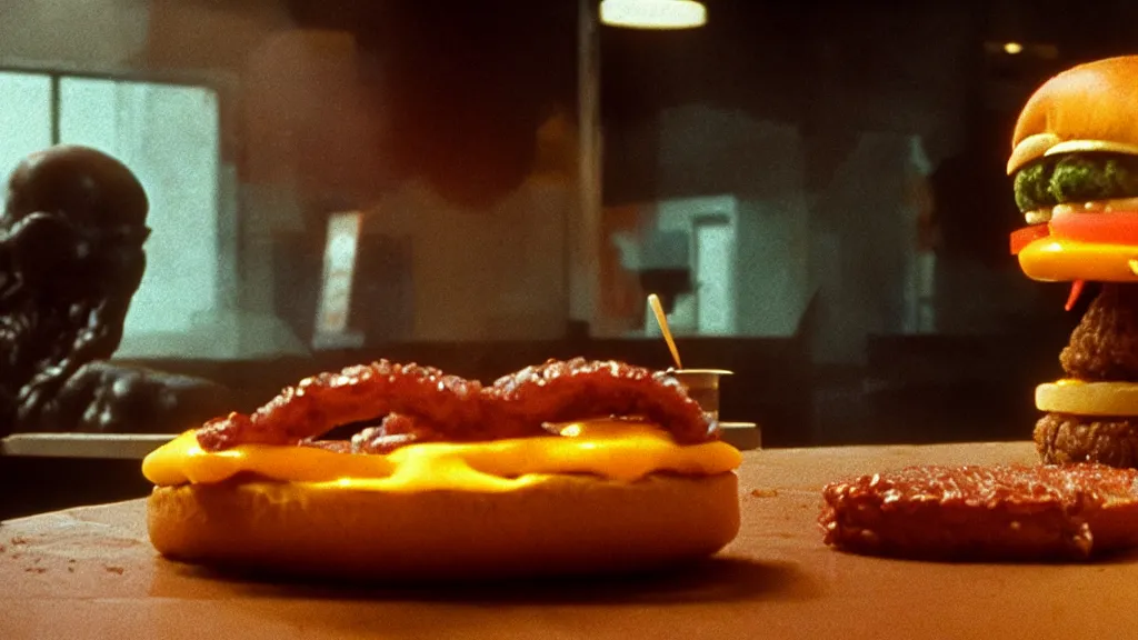 Image similar to the cheeseburger creature at the fast food restaurant, film still from the movie directed by denis villeneuve and david cronenberg with art direction by salvador dali and zdzisław beksinski, wide lens