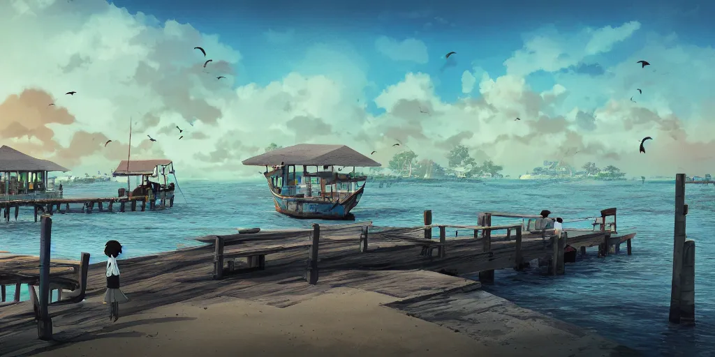 Image similar to pulau indah jetty fishing town in the morning, detailed matte painting, low angle view, telephoto lens, bokeh, studio ghibli, artstation