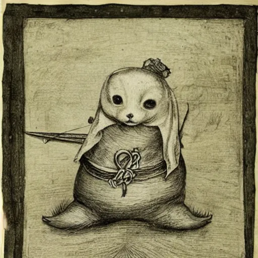 Image similar to “engraving of a baby seal pirate, 1700s”