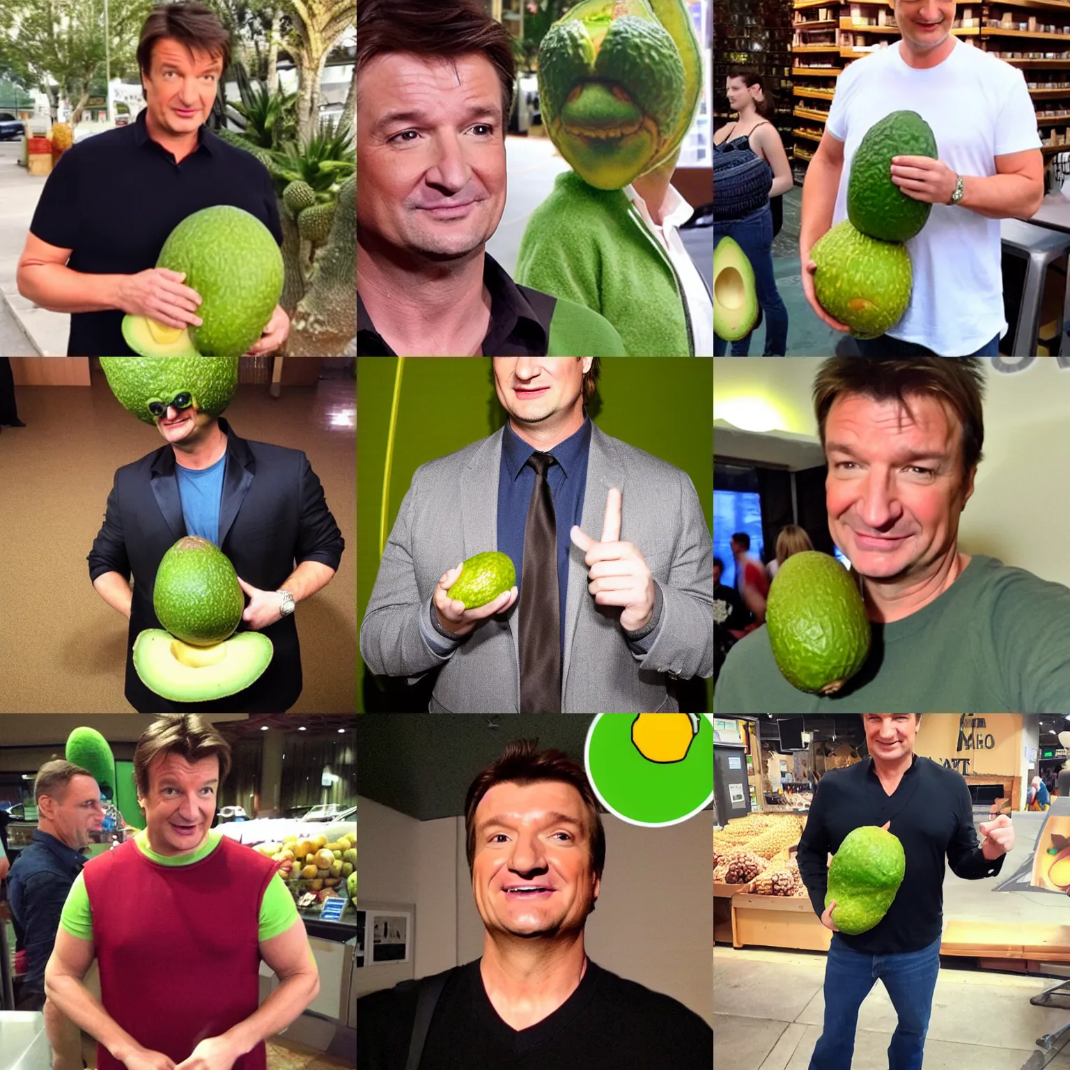 Prompt: nathan fillion wearing an avocado cosplay