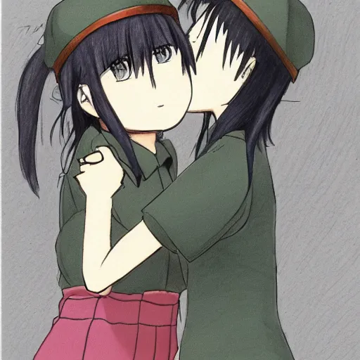 Image similar to colored pencil sketch of girls last tour chito and yuuri kissing