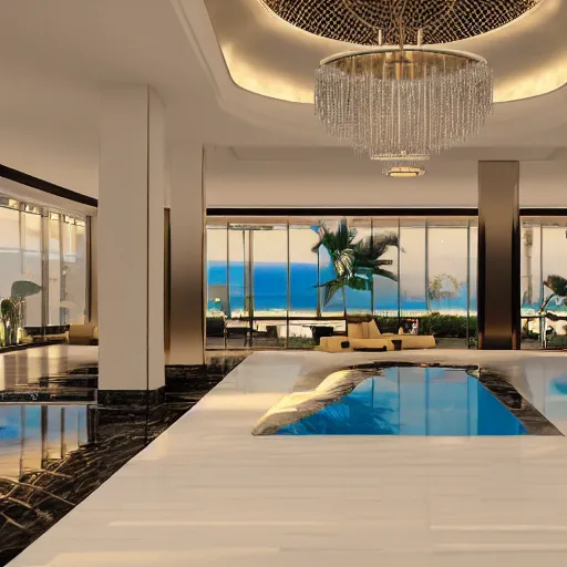 Prompt: realistic luxury hotel lobby interior in miami with pools in the background, corona render, detailed