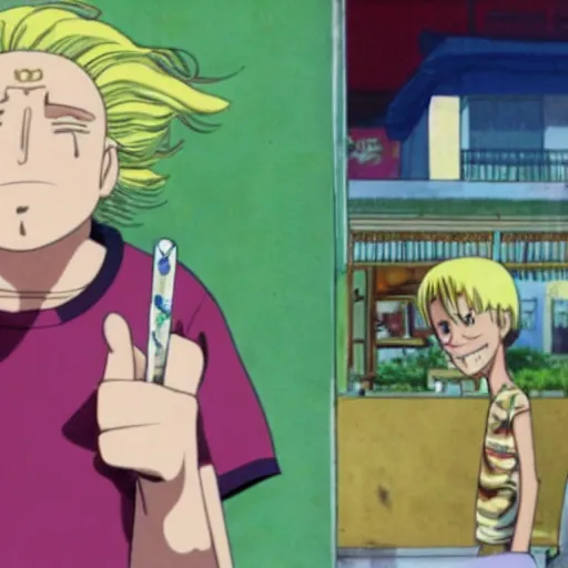 Image similar to A still of Jonah Hill with blonde hair wearing a tie dye t-shirt and a hat, smoking in One Piece Anime Series