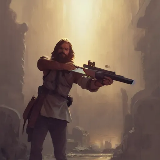 Image similar to jesus with a gun, cinematic lighting, highly detailed, concept art, art by wlop and artgerm and greg rutkowski, masterpiece, trending on artstation