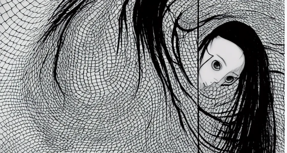 Prompt: film still a movie directed by Junji Ito, a spiral takes over a girl's face