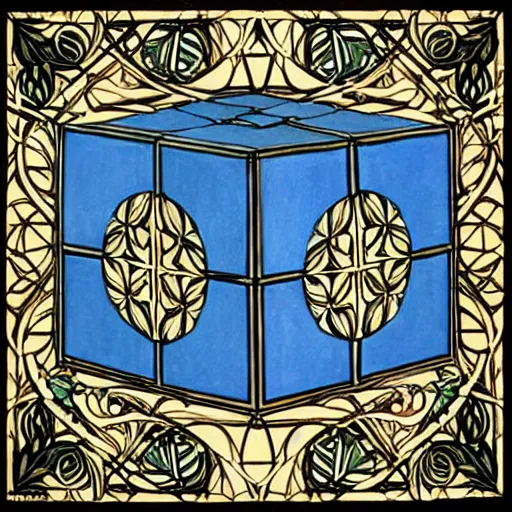 Prompt: beautiful painting of companion - cube!!!!!!!!!!!!!!!!! companion - cube!!!!!!!!!!!!!!!!!, art nouveau. by william morris, gaudy colors. intricate linework. sharp edges.