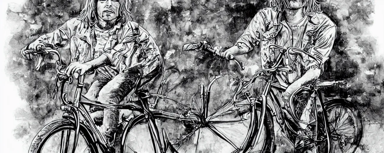 Image similar to beautiful detailed comic illustration of Kurt Cobain on a bicycle on a bicycle, colored