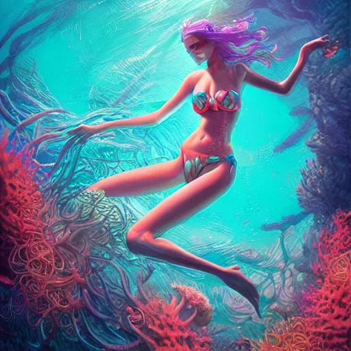 Prompt: coral underwater colorful, fantasy, intricate, highly detailed, digital painting, hd, trending on artstation, illustration, fine lines, sharp edges, colourful, attractive woman, swimming, style of stanley artgerm and greg rutkowski and dan mumford