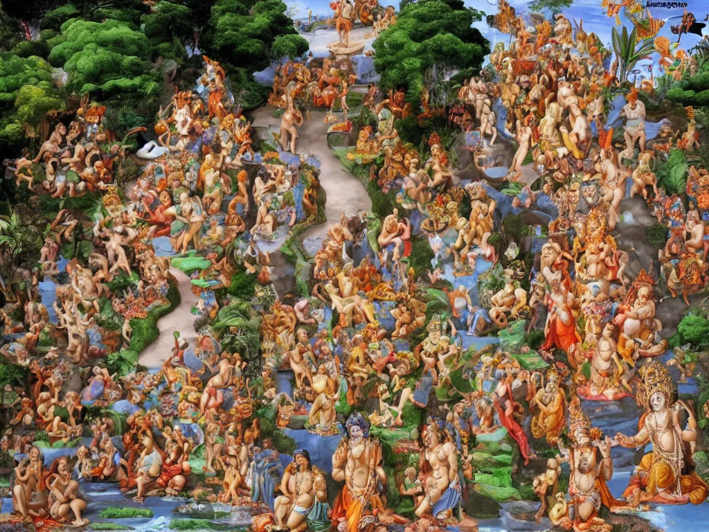 Prompt: tropical island street gradually merging with Hindu gods, michaelangelo style