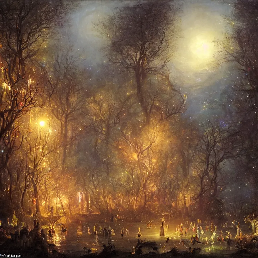 Image similar to a night carnival fairies around a magical tree cavity, with a surreal orange moonlight and fireworks in the background, next to a lake with iridiscent water, christmas lights, volumetric lightning, creatures and fantastic people disguised as fantastic creatures in a magical forest by summer night, masterpieceunderwater scene, masterpiece painted by andreas achenbach, scene by night