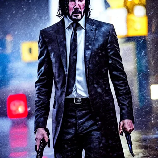 Prompt: keanu reeves as john wick, cyberpunk, walking the streets of night city in the rain, highly detailed, intricate, photorealistic, cinematic lighting