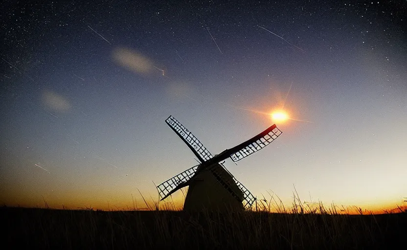 Prompt: “ sunset windmill with meteor shower in the background, cinematic, award winning ”