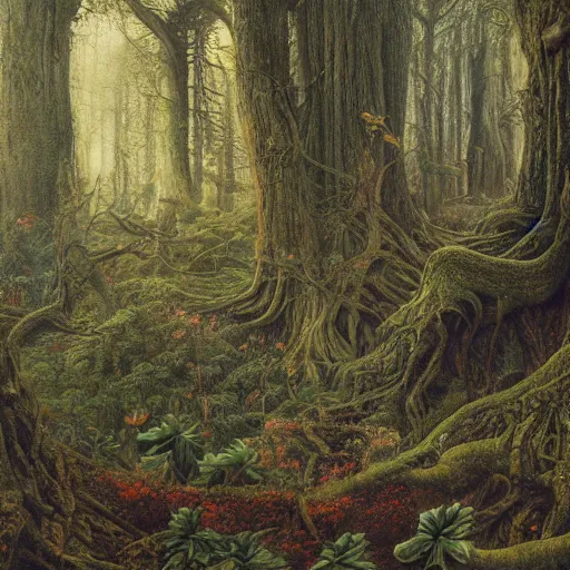 Image similar to a beautiful and highly detailed oil painting of an ancient forest, intricate details, epic scale, insanely complex, 8 k, sharp focus, hyperrealism, fantasy landscape, psychedelic, by caspar friedrich and brian froud,