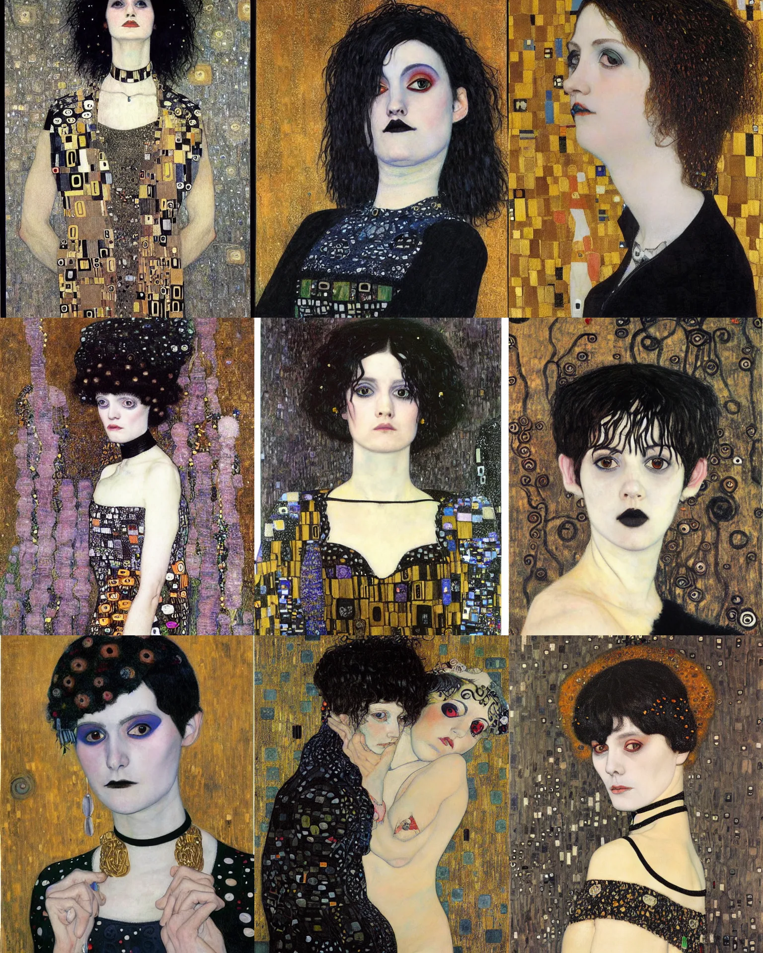 Prompt: A goth portrait painted by Gustav Klimt. Her hair is dark brown and cut into a short, messy pixie cut. She has a slightly rounded face, with a pointed chin, large entirely-black eyes, and a small nose. She is wearing a black tank top, a black leather jacket, a black knee-length skirt, a black choker, and black leather boots.