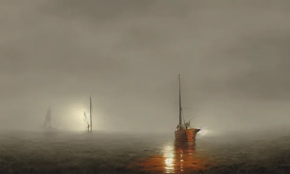 Prompt: a viking ship with a lantern rowing through the fog by lee madgwick