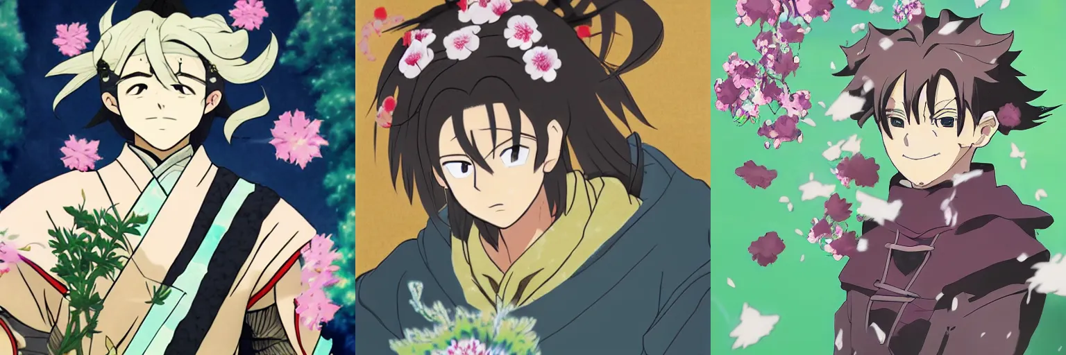 Prompt: portrait of Zenitsu from Demon Slayer with flowers flying over his head, anime-style, cute