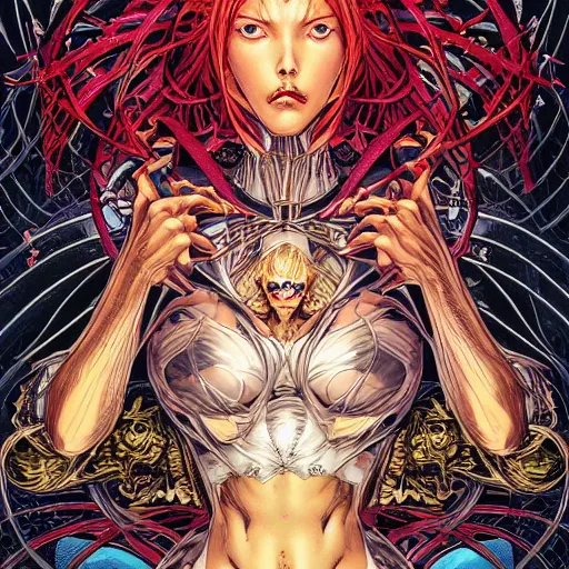 Image similar to portrait of crazy mystique, symmetrical, by yoichi hatakenaka, masamune shirow, josan gonzales and dan mumford, ayami kojima, takato yamamoto, barclay shaw, karol bak, yukito kishiro