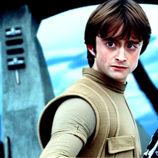 Image similar to film still of Daniel Radcliffe as Luke Skywalker in Star Wars 1977