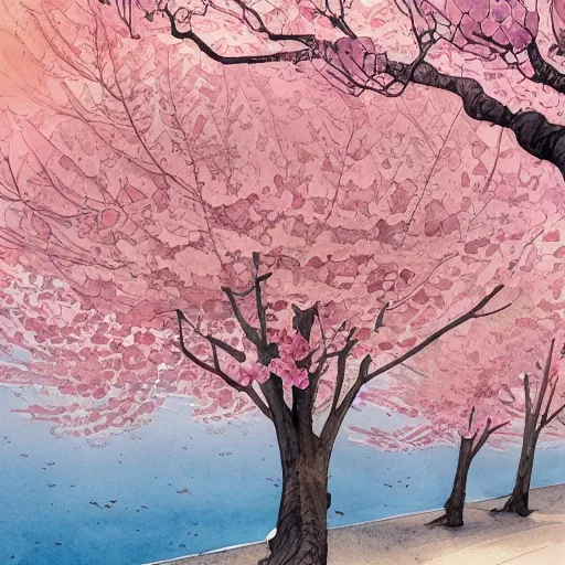 Prompt: a beautiful and inspiring intricate watercolor illustration of a beach landscape view, pink sakura trees growing by the beach, 4 k, ultra - wide angle, by william turner, by victo ngai, by alphonse mucha, by miho hirano, hd, trending on artstation, hyper detailed, muted colors, inspiring, beautiful, paradisiac