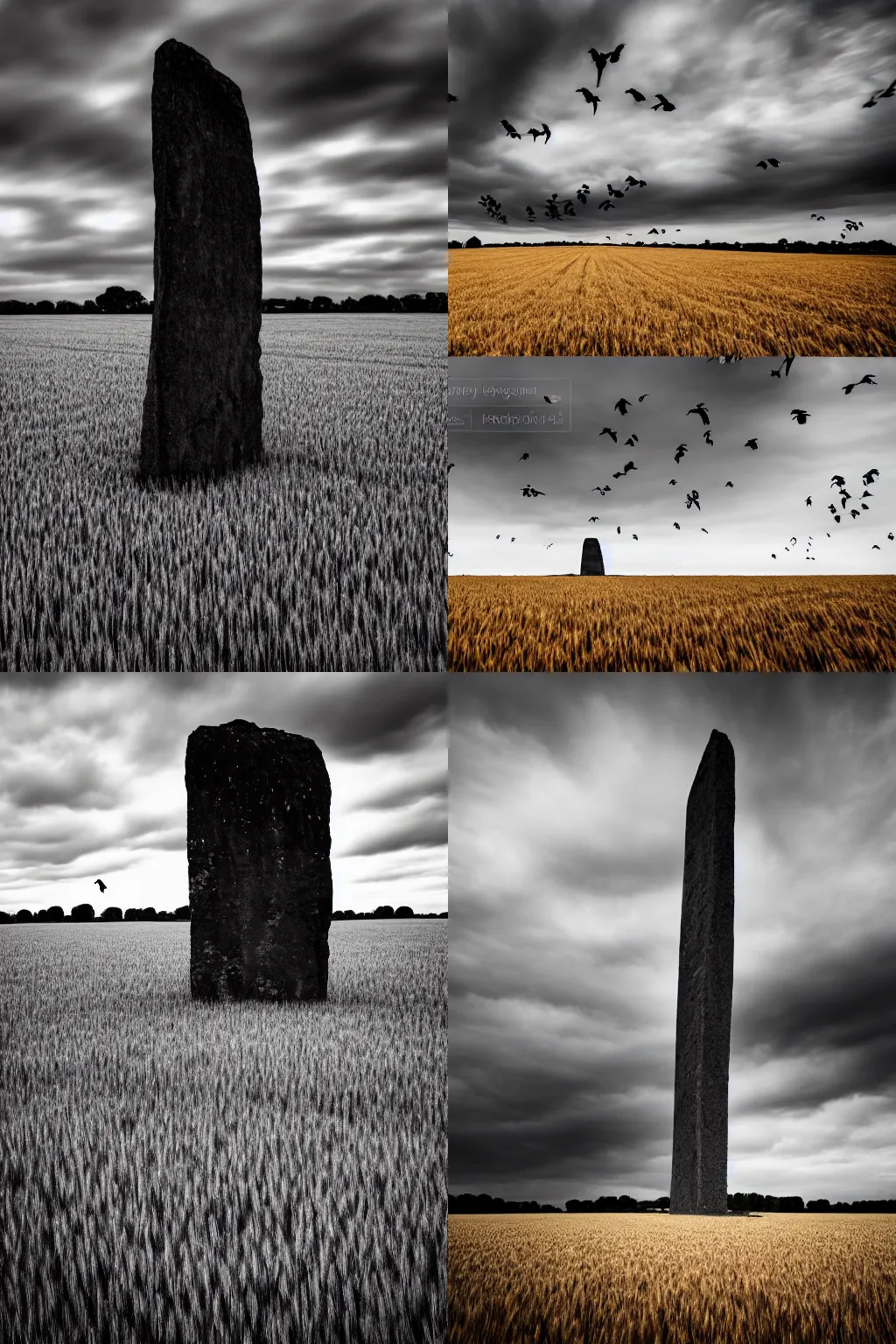 Prompt: wide-angle photo a mysterious monolith in the middle of a wheat field, crows flying around it, overcast day, dramatic, moody, creepy, 4k, highly detailed, Nikon 10mm