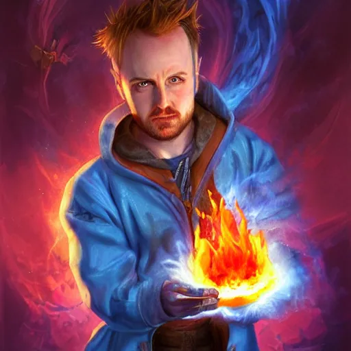 Image similar to Jesse Pinkman as a Junior Alchemist of the Blue Flame, Fantasy Illustration by Tony Sart, Trending on artstation