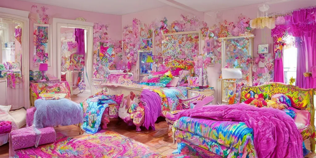 Image similar to a cozy bedroom decorated by Lisa Frank, detailed, high resolution, wow!, intricate