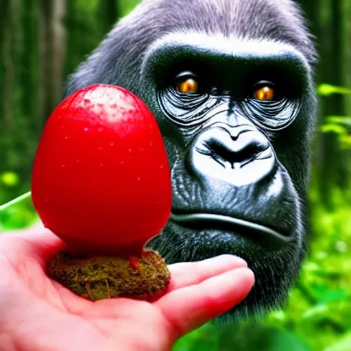 Prompt: gorilla holding an amanita muscaria made by beeple