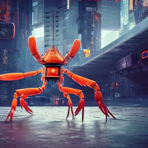 Image similar to a giant robotic shrimp standing in a dystopian city, cyberpunk, dystopian, god, evil, villain, sharp focus, dynamic lights, still, photograph, hyper realistic, masterpiece, digital, octane render, rendered, 3 d, blender, 3 d software, cinematic, cinematic lighting, dramatic lighting, dramatic, highly detailed, intricate details, texture, slime, cinematic composition