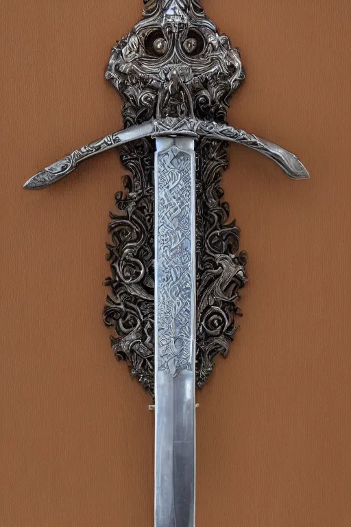 Image similar to sword of justice hanging on a wall, ornate gem in pommel, engraved blade, herringbone floor