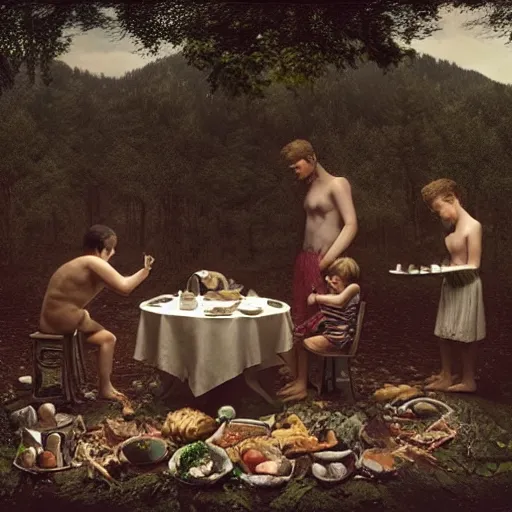 Image similar to a family of cyclops having dinner, by Gregory Crewdson