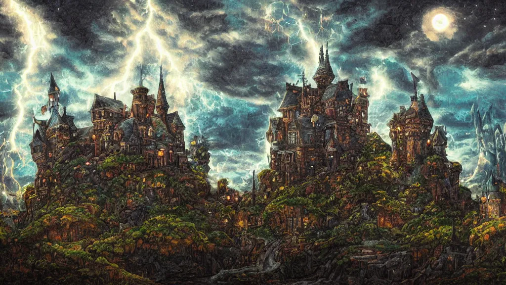 Image similar to ドット絵 and Pixel Art, Dark old fantasy castle on the hill, night cloudy sky, rain, lighting, thunder ,hyper detailed painting,Alchemy, Fantasy