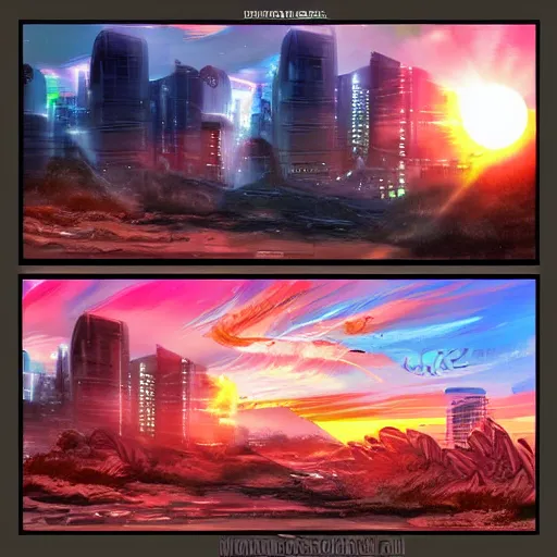 Image similar to beautiful sunrise in dreamscape cyberpunk arstation