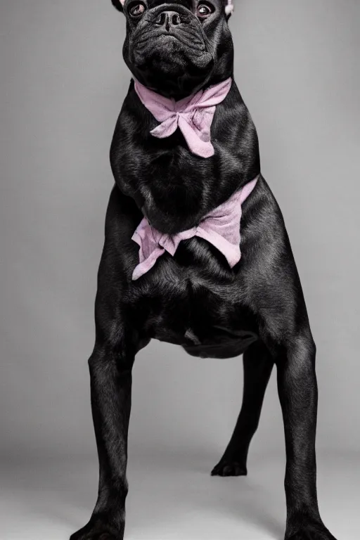 Image similar to full body portrait of a black french bulldog, symmetrical, detailed facial features, victorian female clothing, cinematic lighting, highly detailed, by annie leibovitz, 4 k,