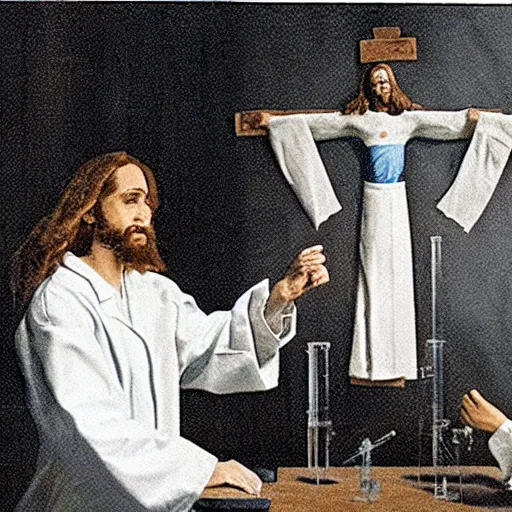 Prompt: A woman scientist and Jesus in a university lab, running the experiment that proofs Jesus transubstantiation