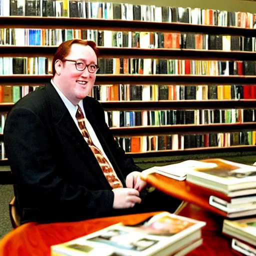 Prompt: 2 0 0 3 john lasseter wearing a black suit and necktie and [ [ black shoes ] ] sitting in a bookstore at a round table. there are books being displayed on the table