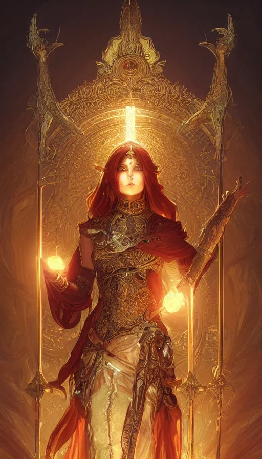 Prompt: aries fiery ram tarot, holy light, intricate armor, elegant, highly detailed, digital painting, artstation, concept art, smooth, sharp, focus, illustration, art by artgerm and greg rutkowski and alphonse mucha