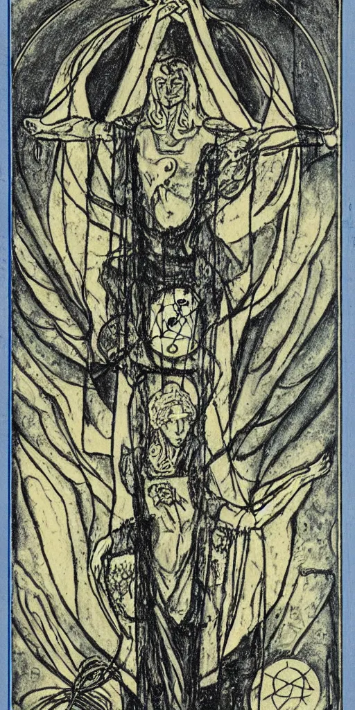 Prompt: three of pentacles tarot card by austin osman spare