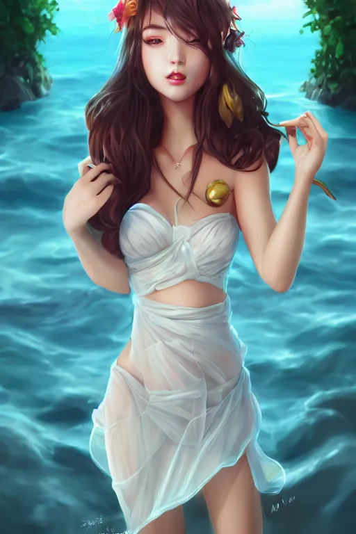 Image similar to a beautiful fashion goddness of love, chic strapless dress, tropical sea background, character design, in the style of artgerm, and wlop, cinematic lighting, hyperdetailed, 8 k realistic, symmetrical, global illumination, radiant light, frostbite 3 engine, cryengine, dof, trending on artstation, digital art