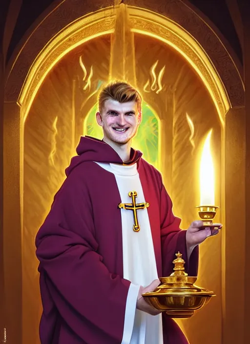 Image similar to grinning timo werner as a priest wearing robes. holding golden candlestick, in a monestry natural lighting, path traced, highly detailed, high quality, digital painting, by don bluth and ross tran and studio ghibli and alphonse mucha, artgerm