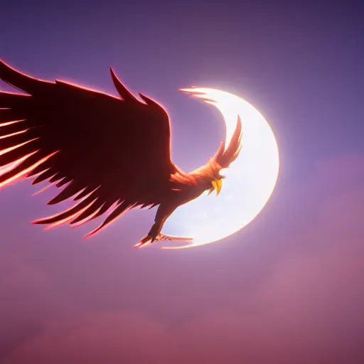 Image similar to phoenix flying in front of the moon, glowing light, fire, unreal engine, octane render, greg rutkowski, 8 k