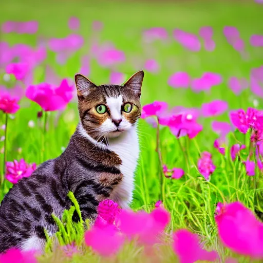 Prompt: a professional photograph of a cat in a field of flowers, high quality, highly detailed, cute, HD, 8K