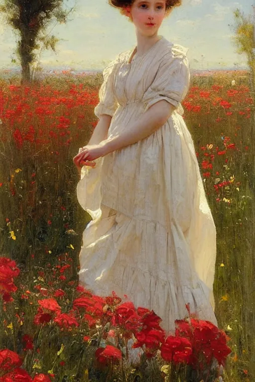 Image similar to Solomon Joseph Solomon and Richard Schmid and Jeremy Lipking victorian genre painting portrait painting of an elegant slim young cottagecore girl in an open field of flowers, red background