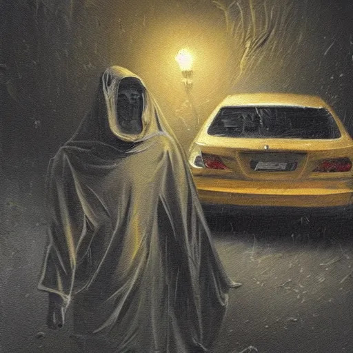 Image similar to ominous bedsheet ghost with pee stain standing in front of a cars headlights late at night, oil painting, brush strokes, highly ornate intricate detail, gloomy mood,