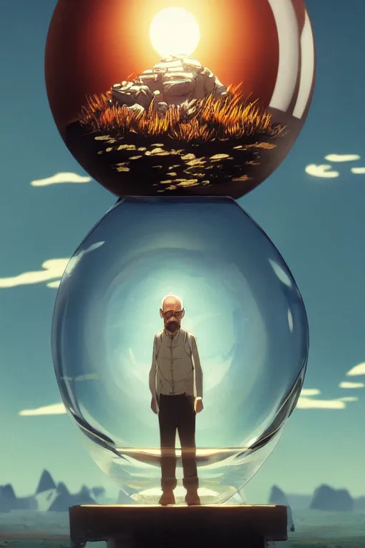 Image similar to walter white floating inside a glimmering crystal ball, high intricate details, rule of thirds, golden ratio, cinematic light, 8 k, octane render, anime style, graphic novel by fiona staples and dustin nguyen, art by beaststars and orange, peter elson, alan bean, studio ghibli, makoto shinkai