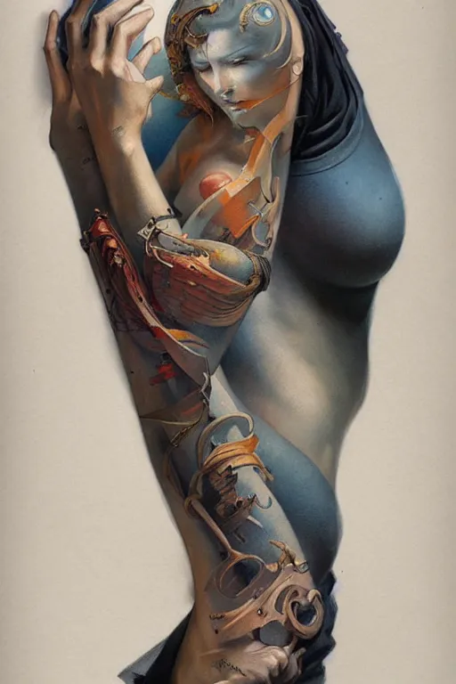 Prompt: arm sleeve tattoo design by peter mohrbacher and craig mullins